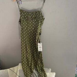 NWT Zara Olive Green Backless Dress with White Polka Dots